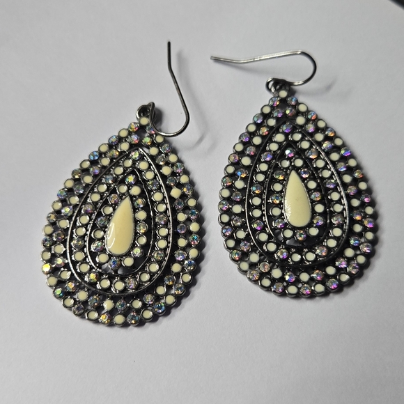 Black Gray Tone Purple Rhinestoned Tan Enamel Teardrop Earrings - Picture 12 of 15